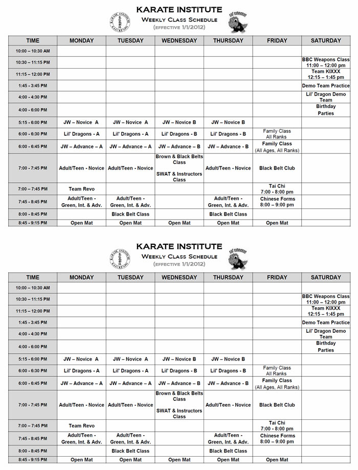 Weekly Class Schedules