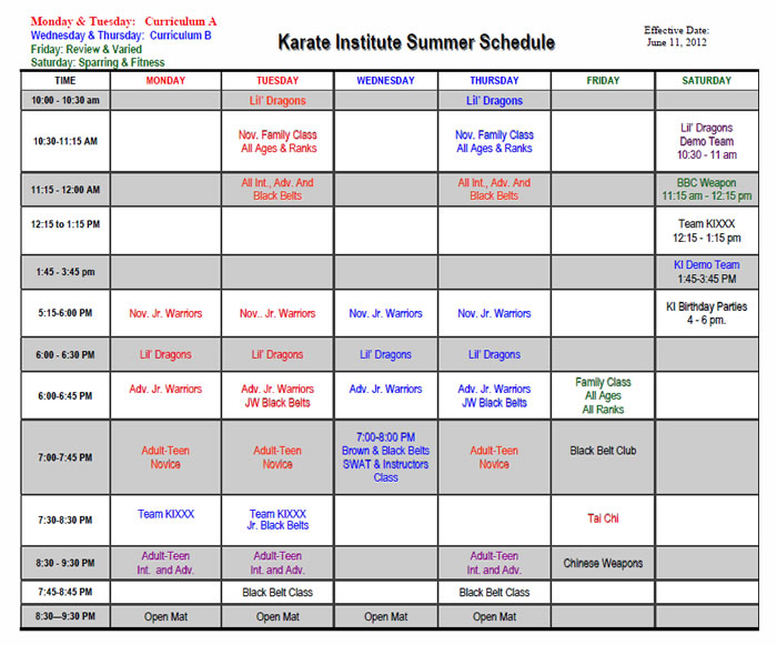 Summer Class Schedule 2012